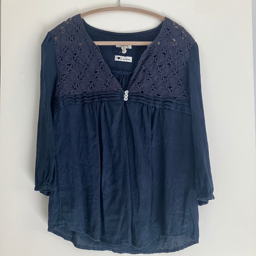 Dark blue 100% linen long sleeve blouse boho top with lace detail size XS / 4